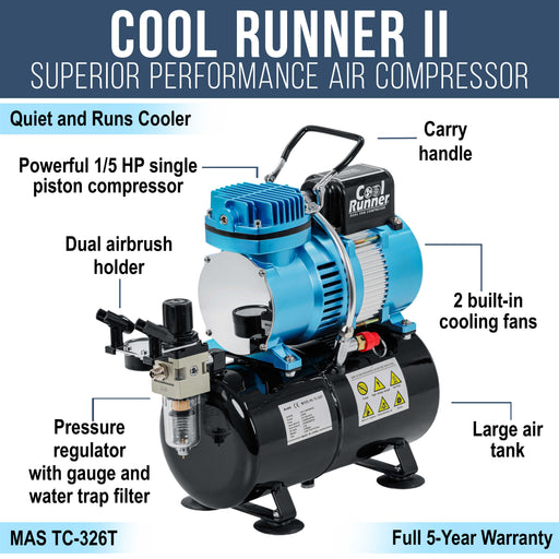 Air Brush Kit with Air Compressor TC-320, 1/5 HP Cool Runner II Dual Fan with Regulator, Water Trap & Holder