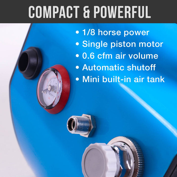 Model TC-77 - Professional Super Quiet High Performance Compact Airbrush Compressor with Small Air Tank, Moisture Trap & Hose