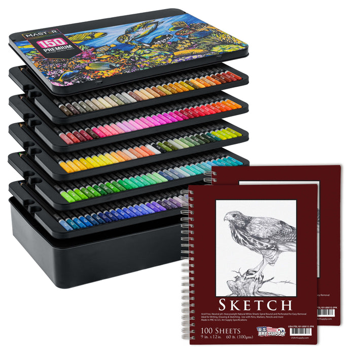 Master 150 Colored Pencil Mega Tin Set with Premium Soft Thick Core Vibrant Color Leads with 2 Packs 9" x 12" Sketch Pads Drawing Paper - Artist Art