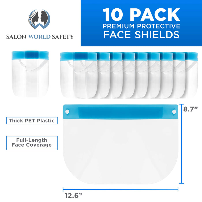 Face Shields (Pack of 10) - Ultra Clear Protective Full Face Shields to Protect Eyes, Nose and Mouth - Anti-Fog PET Plastic, Elastic Headband