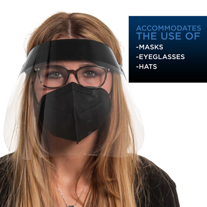 Face Shields - Case of 40 Packs (160 Black Shields) - Ultra Clear Protective Full Face Shields to Protect Eyes, Nose and Mouth - Anti-Fog PET Plastic