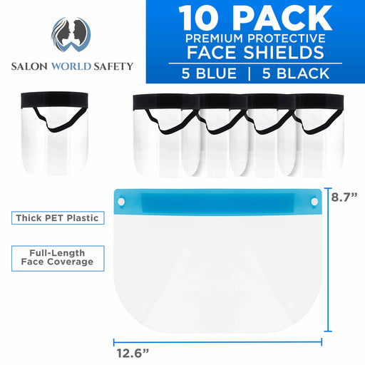 5-Black & 5-Blue Face Shields - Ultra Clear Protective Full Face Shields to Protect Eyes, Nose and Mouth - Anti-Fog PET Plastic, Elastic Headband
