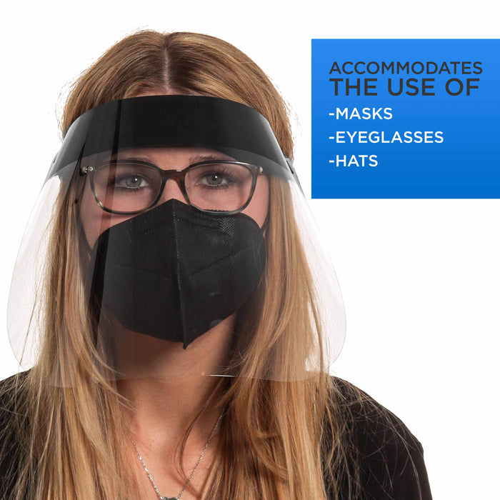 5-Black & 5-Blue Face Shields - Ultra Clear Protective Full Face Shields to Protect Eyes, Nose and Mouth - Anti-Fog PET Plastic, Elastic Headband