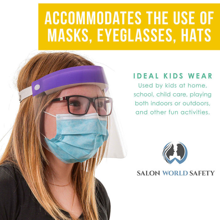 Salon World Safety Kids Face Shields (Pack of 10) - 5 Colors, 2 of Each - Clear Protective Children's Full Face Shields - Anti-Fog PET Plastic