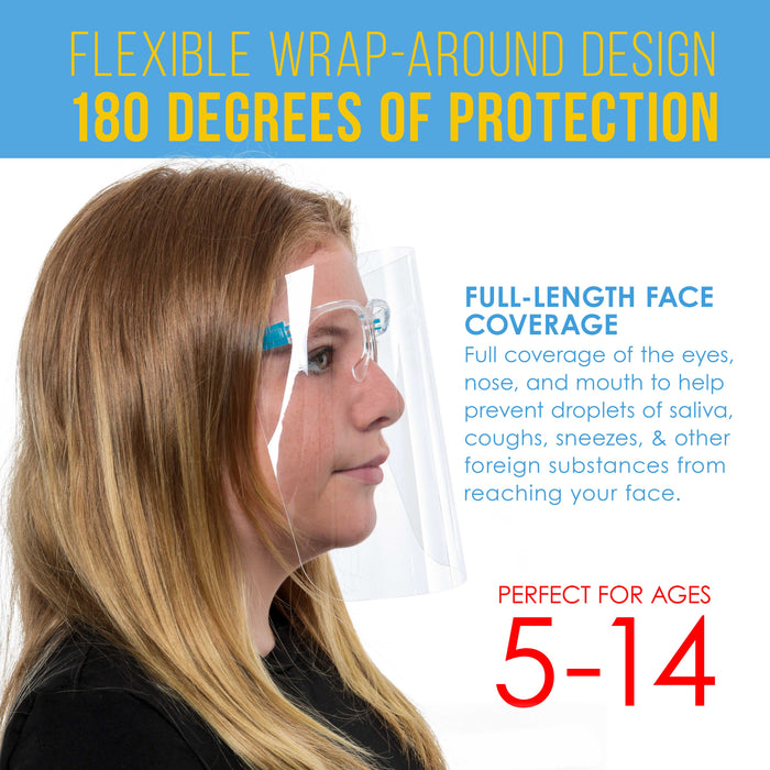 200 Kids Face Shields with Glasses Frames (20 Packs of 10) - 5 Colors, 40 Each - Protective Children's Full Face Shields - Anti-Fog PET Plastic