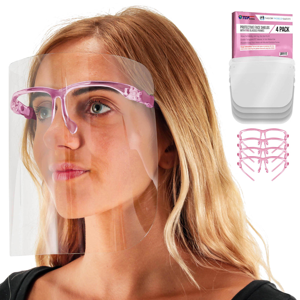 Safety Face Shields with Pink Glasses Frames (Pack of 4) - Ultra Clear Protective Full Face Shields to Protect Eyes Nose Mouth - Anti-Fog PET Plastic