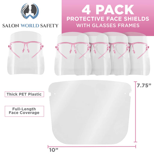 Safety Face Shields with Pink Glasses Frames (Pack of 4) - Ultra Clear Protective Full Face Shields to Protect Eyes Nose Mouth - Anti-Fog PET Plastic