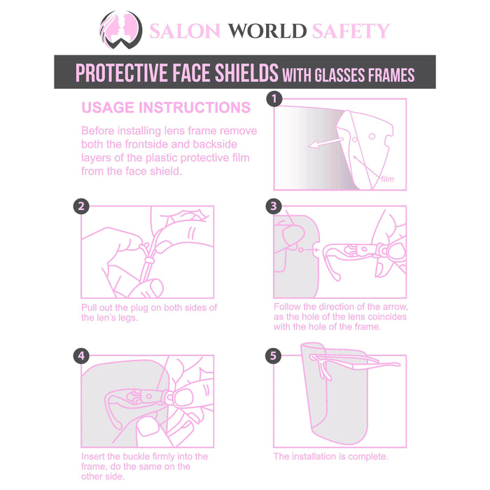 Safety Face Shields with Pink Glasses Frames (Pack of 4) - Ultra Clear Protective Full Face Shields to Protect Eyes Nose Mouth - Anti-Fog PET Plastic