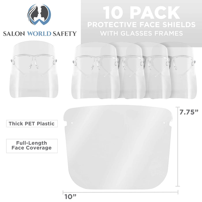 Safety Face Shields with All Clear Glasses Frames (10 Pack) - Ultra Clear Protective Full Face Shields Protect Eyes Nose Mouth - Anti-Fog PET Plastic