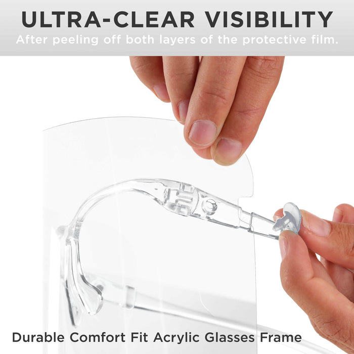 Safety Face Shields with All Clear Glasses Frames (10 Pack) - Ultra Clear Protective Full Face Shields Protect Eyes Nose Mouth - Anti-Fog PET Plastic