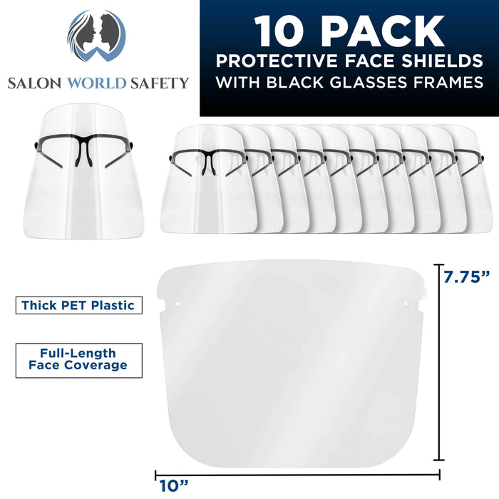 Safety Face Shields with Black Glasses Frames (Pack of 10) - Ultra Clear Protective Full Face Shields, Protect Eyes Nose Mouth - Anti-Fog PET Plastic