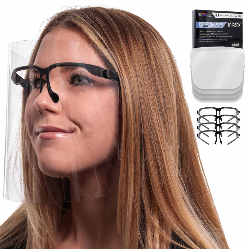 Safety Face Shields with Black Glasses Frames (Pack of 10) - Ultra Clear Protective Full Face Shields, Protect Eyes Nose Mouth - Anti-Fog PET Plastic