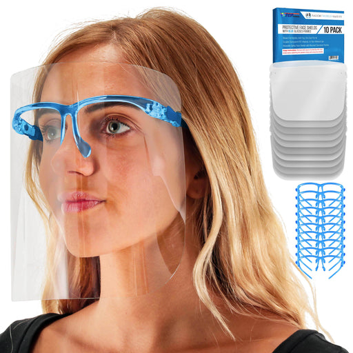 Safety Face Shields with Blue Glasses Frames (Pack of 10) - Ultra Clear Protective Full Face Shields to Protect Eyes Nose Mouth - Anti-Fog PET Plastic