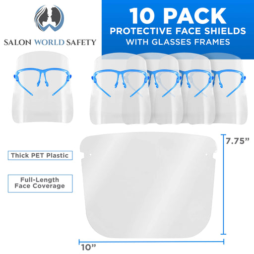 Safety Face Shields with Blue Glasses Frames (Pack of 10) - Ultra Clear Protective Full Face Shields to Protect Eyes Nose Mouth - Anti-Fog PET Plastic