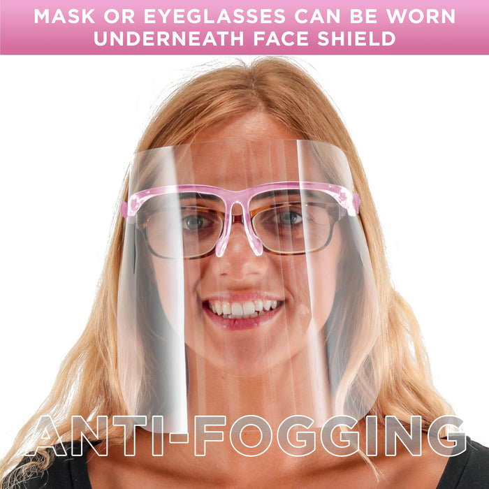 Safety Face Shields with Pink Glasses Frames (Pack of 10) - Ultra Clear Protective Full Face Shields to Protect Eyes Nose Mouth - Anti-Fog PET Plastic