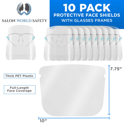 Safety Face Shields with Glasses Frames (Pack of 10) - Ultra Clear Protective Full Face Shields to Protect Eyes, Nose, Mouth - Anti-Fog PET Plastic
