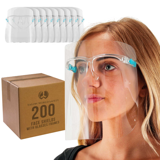 200 Safety Face Shields with Glasses Frames (20 Packs of 10) - Ultra Clear Protective Full Face Shields, Protect Eyes Nose Mouth, Anti-Fog PET Plastic