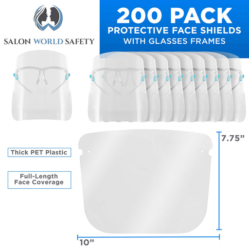 200 Safety Face Shields with Glasses Frames (20 Packs of 10) - Ultra Clear Protective Full Face Shields, Protect Eyes Nose Mouth, Anti-Fog PET Plastic