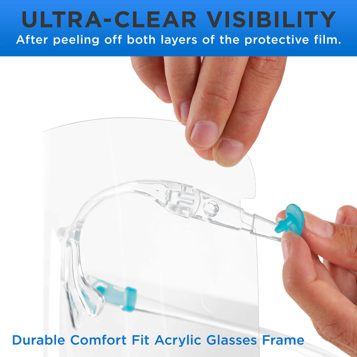 200 Safety Face Shields with Glasses Frames (20 Packs of 10) - Ultra Clear Protective Full Face Shields, Protect Eyes Nose Mouth, Anti-Fog PET Plastic