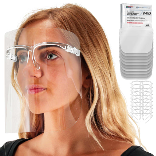 Safety Face Shields with All Clear Glasses Frames (25 Pack) - Ultra Clear Protective Full Face Shields, Protect Eyes Nose Mouth - Anti-Fog PET Plastic
