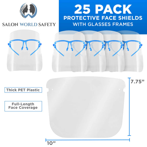 Safety Face Shields with Blue Glasses Frames (Pack of 25) - Ultra Clear Protective Full Face Shields to Protect Eyes Nose Mouth - Anti-Fog PET Plastic
