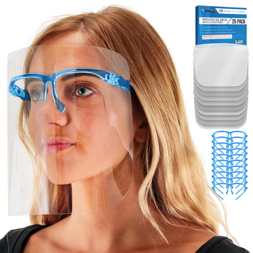 Safety Face Shields with Blue Glasses Frames (Pack of 25) - Ultra Clear Protective Full Face Shields to Protect Eyes Nose Mouth - Anti-Fog PET Plastic