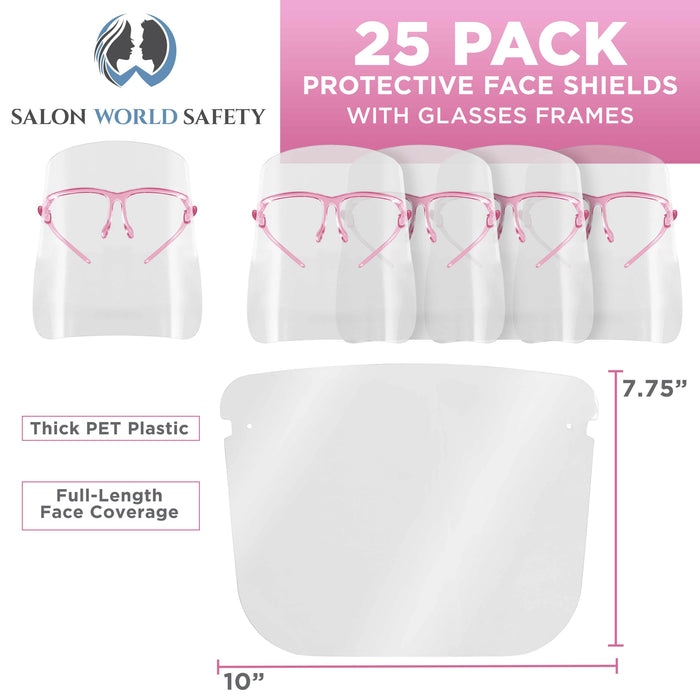 Safety Face Shields with Pink Glasses Frames (Pack of 25) - Ultra Clear Protective Full Face Shields to Protect Eyes Nose Mouth - Anti-Fog PET Plastic