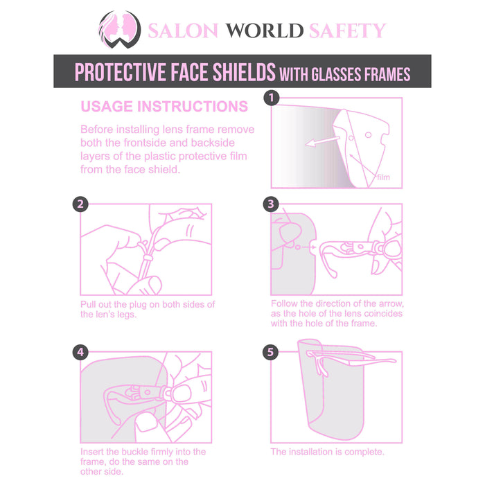 Safety Face Shields with Pink Glasses Frames (Pack of 25) - Ultra Clear Protective Full Face Shields to Protect Eyes Nose Mouth - Anti-Fog PET Plastic