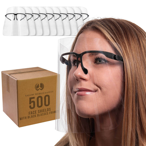 Face Shields with Black Glasses Frames (20 Packs of 25) - Ultra Clear Protective Full Face Shields to Protect Eyes Nose Mouth - Anti-Fog PET Plastic