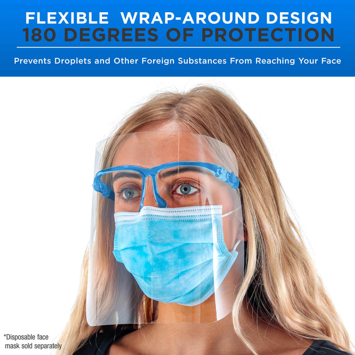 Face Shields with Blue Glasses Frames (20 Packs of 25) - Ultra Clear Protective Full Face Shields to Protect Eyes, Nose, Mouth - Anti-Fog PET Plastic