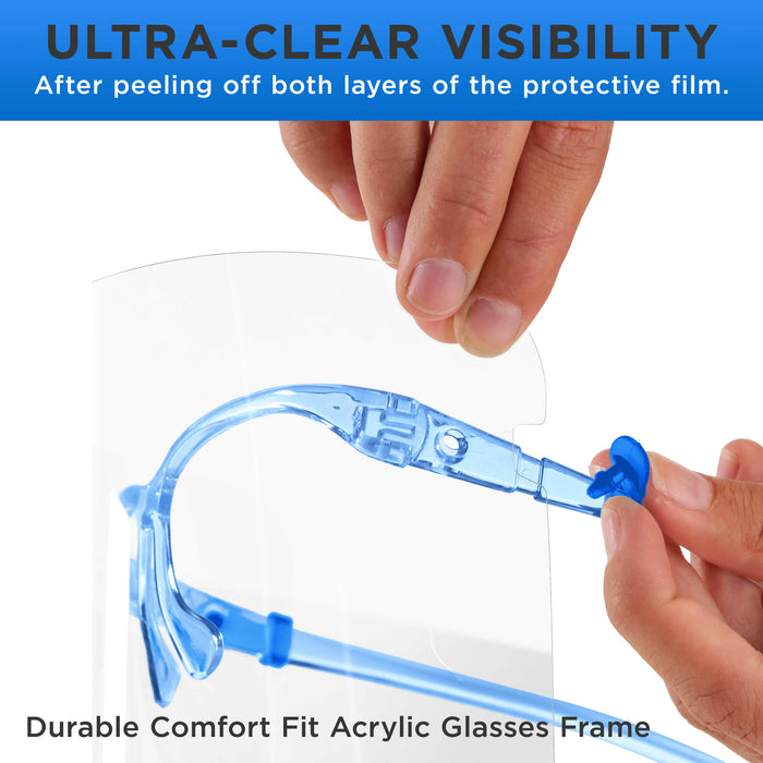 Face Shields with Blue Glasses Frames (20 Packs of 25) - Ultra Clear Protective Full Face Shields to Protect Eyes, Nose, Mouth - Anti-Fog PET Plastic