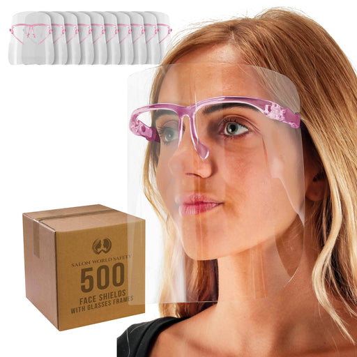 Face Shields with Pink Glasses Frames (20 Packs of 25) - Ultra Clear Protective Full Face Shields to Protect Eyes, Nose, Mouth - Anti-Fog PET Plastic