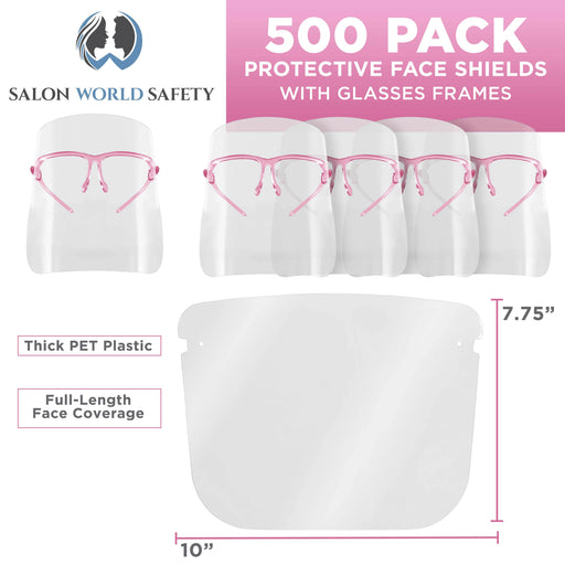 Face Shields with Pink Glasses Frames (20 Packs of 25) - Ultra Clear Protective Full Face Shields to Protect Eyes, Nose, Mouth - Anti-Fog PET Plastic