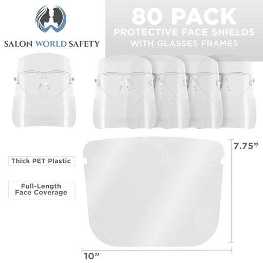 Face Shields with All Clear Glasses Frames (20 Packs of 4) - Ultra Clear Protective Full Face Shields, Protect Eyes Nose Mouth - Anti-Fog PET Plastic