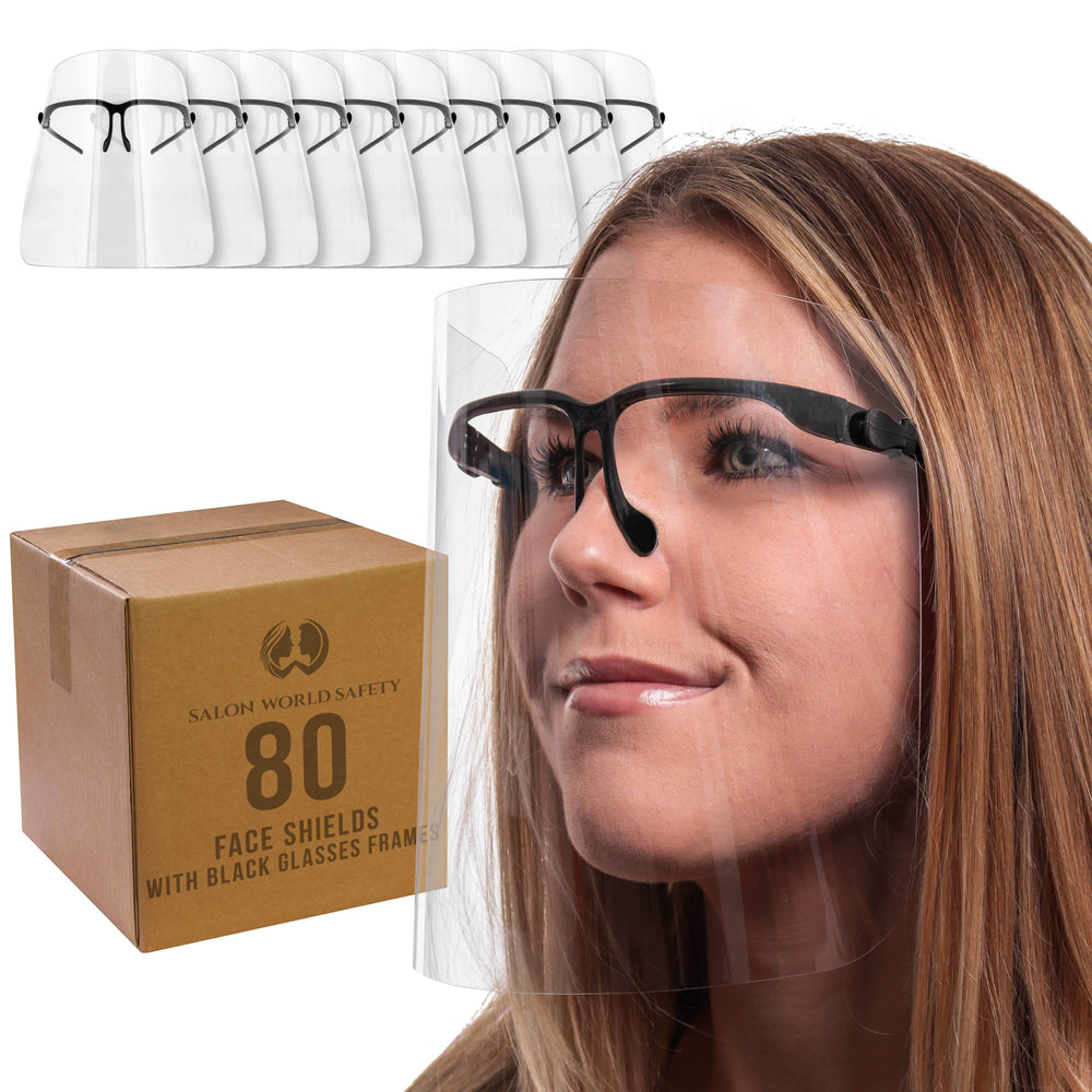 Face Shields with Black Glasses Frames (20 Packs of 4) - Ultra Clear Protective Full Face Shields to Protect Eyes Nose Mouth - Anti-Fog PET Plastic