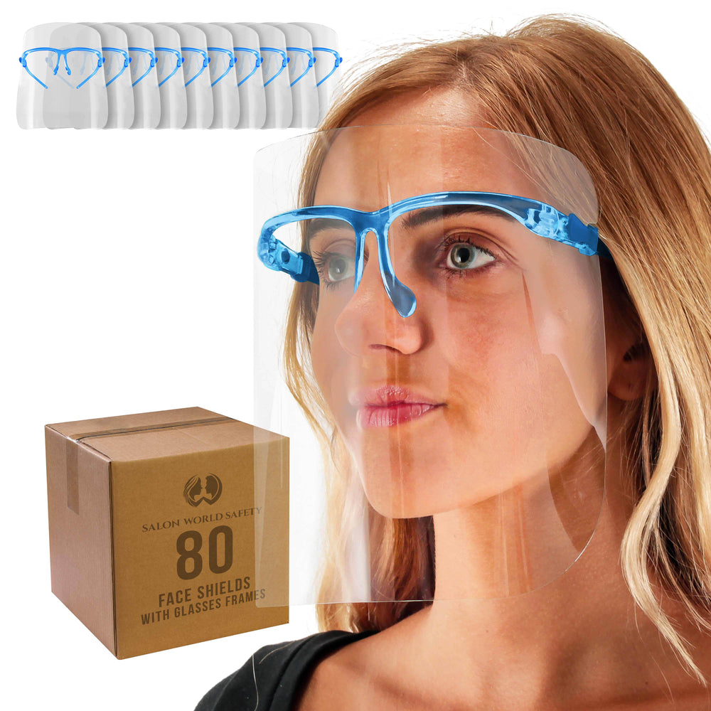 Face Shields with Blue Glasses Frames (20 Packs of 4) - Ultra Clear Protective Full Face Shields to Protect Eyes, Nose, Mouth - Anti-Fog PET Plastic