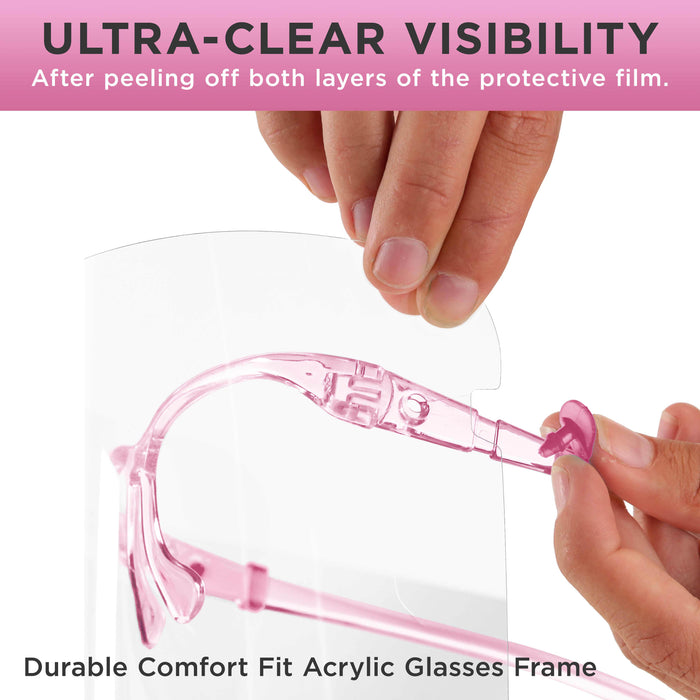 Face Shields with Pink Glasses Frames (20 Packs of 4) - Ultra Clear Protective Full Face Shields to Protect Eyes, Nose, Mouth - Anti-Fog PET Plastic