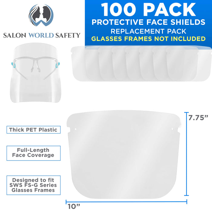 Salon World Safety Replacement Face Shields Only (10 Packs of 10), Glasses Frames Not Included, Ultra Clear, Protect Eyes Mouth, Anti-Fog PET Plastic