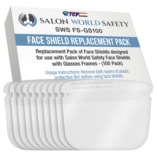 Salon World Safety Replacement Face Shields Only (10 Packs of 10), Glasses Frames Not Included, Ultra Clear, Protect Eyes Mouth, Anti-Fog PET Plastic