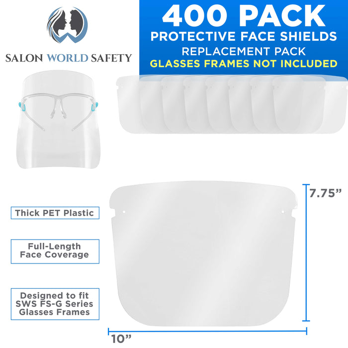 Salon World Safety Replacement Face Shields Only (40 Packs of 10), Glasses Frames Not Included, Ultra Clear, Protect Eyes Mouth, Anti-Fog PET Plastic