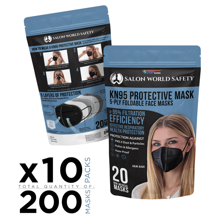 Black KN95 Protective Masks, Pack of 200 - Filter Efficiency ≥95%, 5-Layers, Protection Against PM2.5 Dust, Pollen - Sanitary 5-Ply Non-Woven Fabric