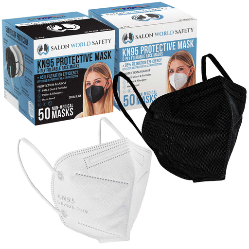 KN95 Protective Masks, Box of 50 White & 50 Black - Filter Efficiency ≥95%, 5-Layers, Sanitary 5-Ply Non-Woven Fabric, Safe, Easy Breathing