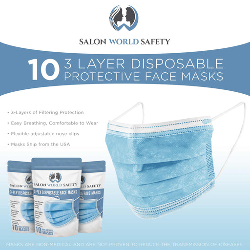 Sealed Package of 10 - 3 Layer Disposable Protective Face Masks with Adjustable Nose Clip and Ear Loops - Sanitary 3-Ply Non-Woven Fabric