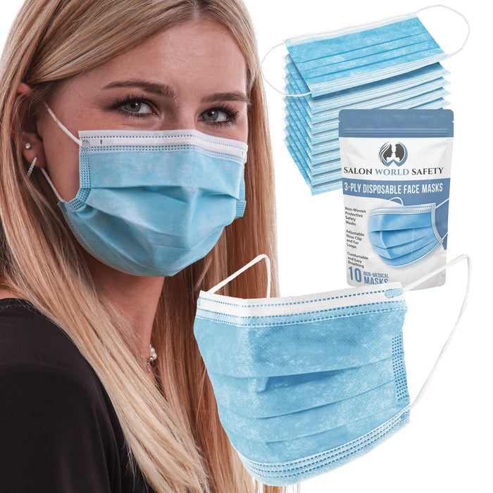 Sealed Package of 10 - 3 Layer Disposable Protective Face Masks with Adjustable Nose Clip and Ear Loops - Sanitary 3-Ply Non-Woven Fabric