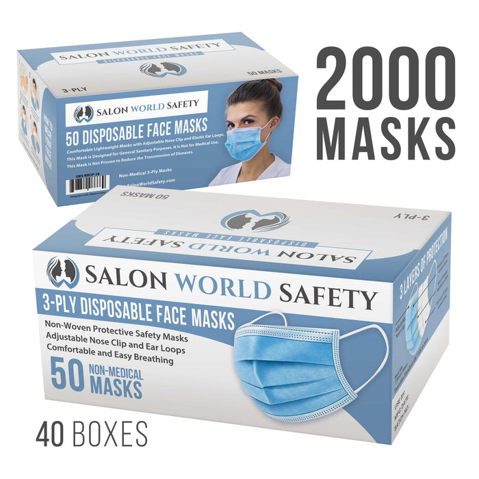 Bulk 40 Boxes (2000 Masks) in Sealed Dispenser Boxes of 50 - 3 Layer Disposable Protective Face Masks with Nose Clip, 3-Ply Non-Woven Fabric