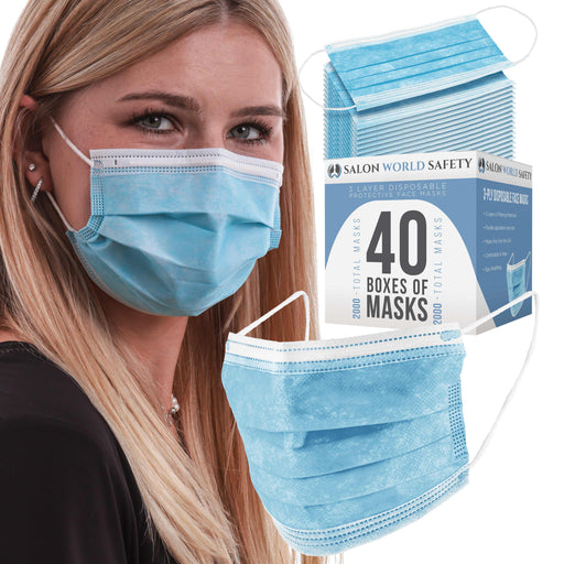 Bulk 40 Boxes (2000 Masks) in Sealed Dispenser Boxes of 50 - 3 Layer Disposable Protective Face Masks with Nose Clip, 3-Ply Non-Woven Fabric
