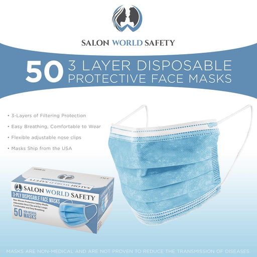 Sealed Dispenser Box of 50 - 3 Layer Disposable Protective Face Masks with Nose Clip and Ear Loops - Sanitary 3-Ply Non-Woven Fabric