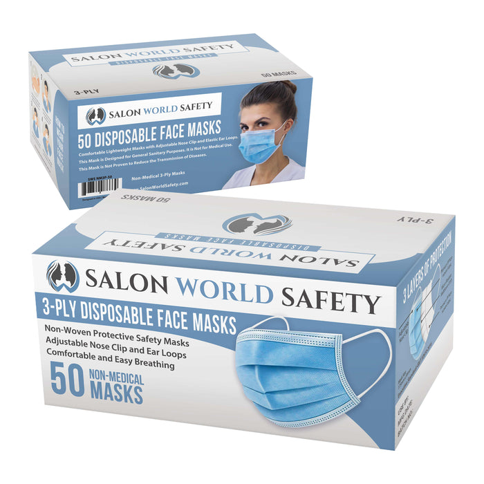 Sealed Dispenser Box of 50 - 3 Layer Disposable Protective Face Masks with Nose Clip and Ear Loops - Sanitary 3-Ply Non-Woven Fabric