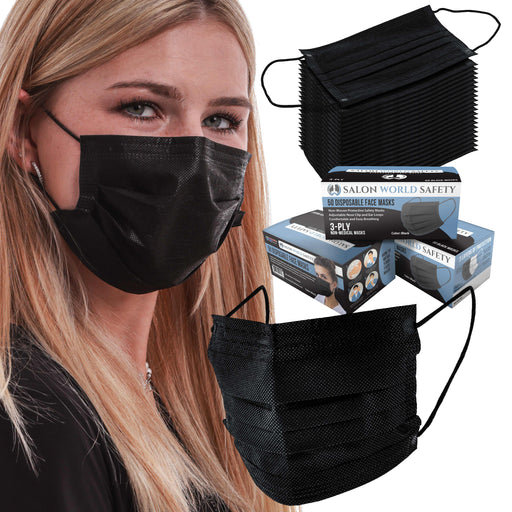 Salon World Safety Black Masks - Bulk 3 Boxes (150 Masks) in Sealed Dispenser Boxes of 50 - 3 Layer Disposable Protective Face Masks, 3-Ply Fabric