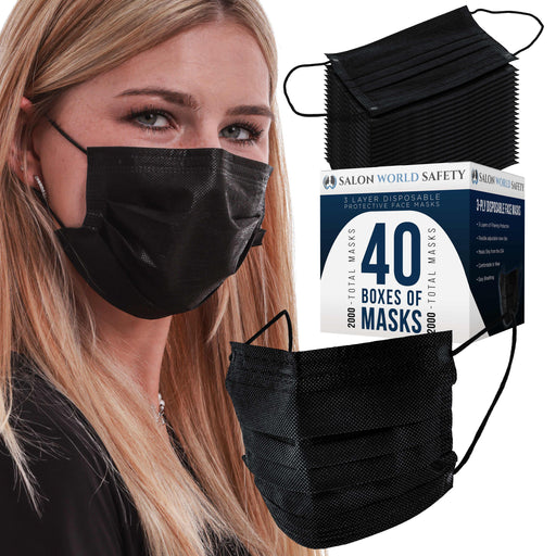 Salon World Safety Black Masks - Bulk 40 Boxes (2000 Masks) in Sealed Dispenser Boxes of 50 - 3 Layer Disposable Protective Face Masks, 3-Ply Fabric
